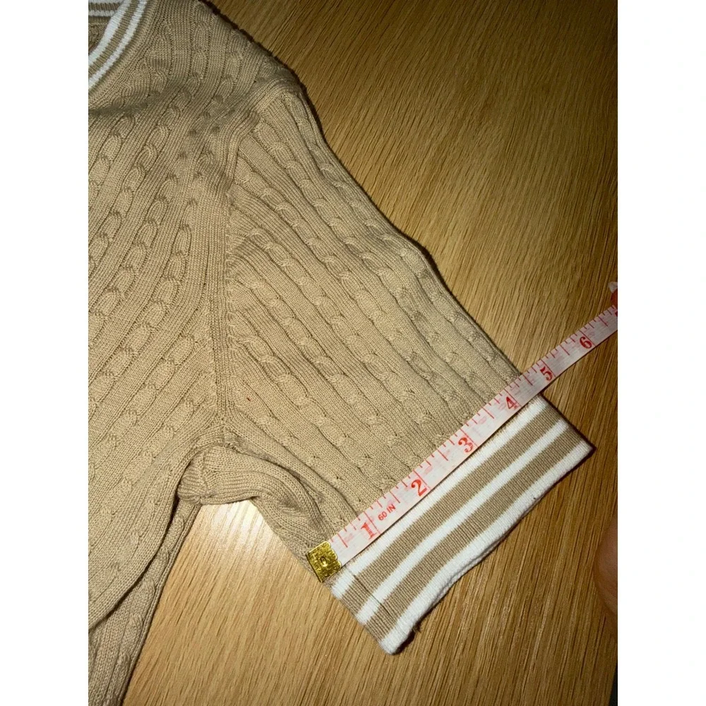 Tommy Hilfiger Mens Cable Knit V-Neck Short Sleeve Sweater Striped Trim